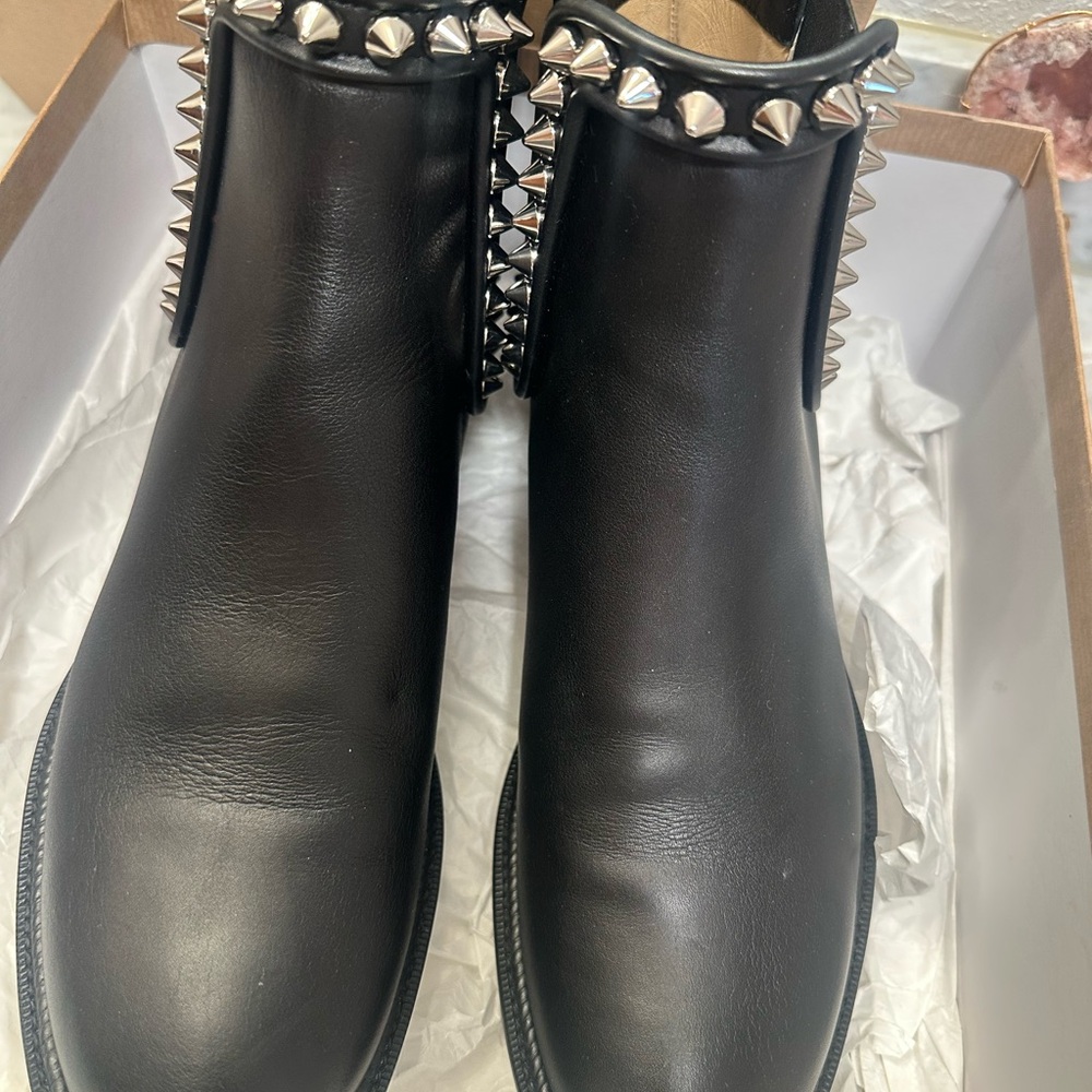 Christian Louboutin Black Leather Studded Chelsea Booties - Picture 2 of 8
